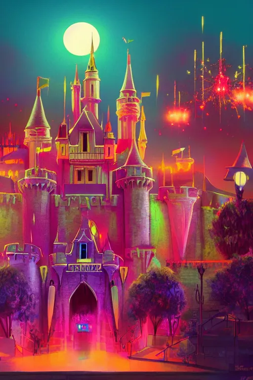 Image similar to concept art of disneyland castle, synthwave, sunset, fireworks, neon