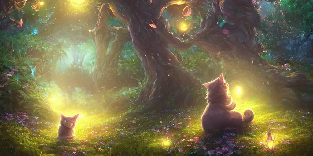 Image similar to final fantasy key visual of a cat, meditating in a magical fantasy garden at night, moonlight, fireflies glowing, lofi feel, magical, highly detailed, digital art, artstation, smooth, hard focus, illustration, art by artgerm - in the style of final fantasy and studio ghibli