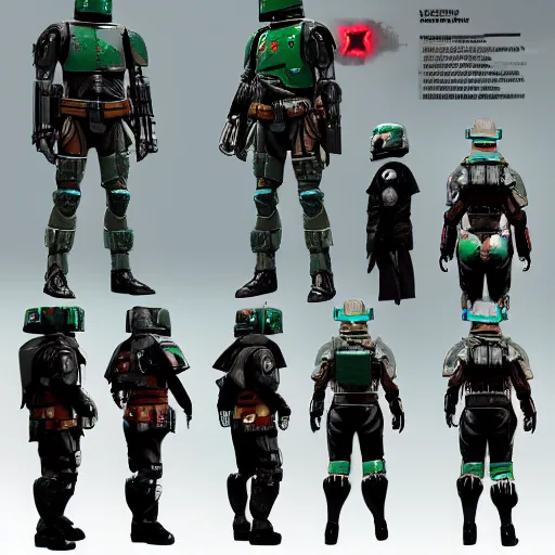 Image similar to cyberpunk character design, boba fett x warmachine character design sheet, digital art, deviantart, artstation, octane render