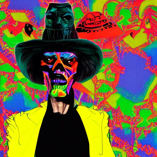 Prompt: mick jagger wearing a voodoo hat and a black cape, art by meow wolf