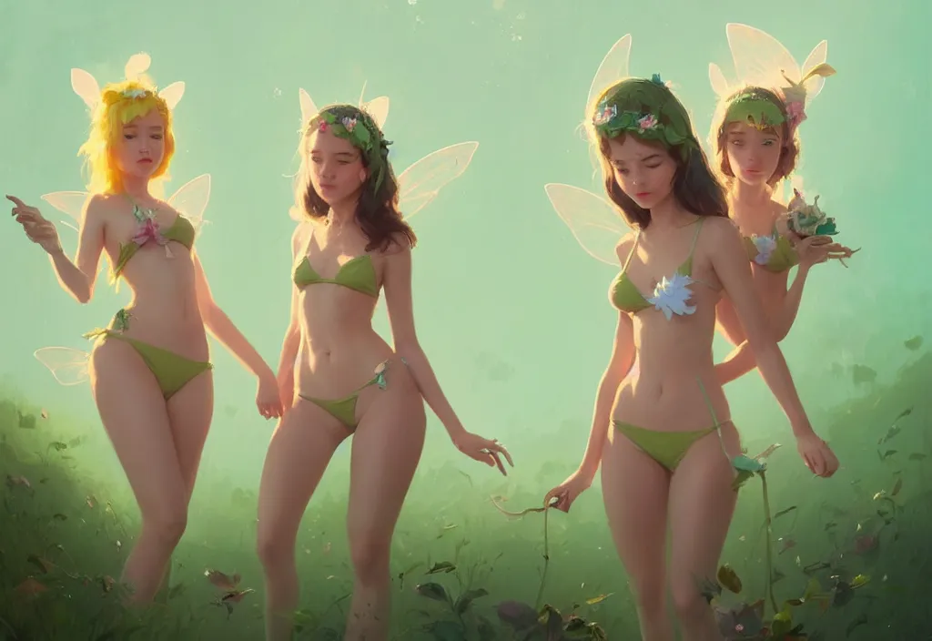 Prompt: portrait of two cute fairies in flower bikinis standing together with joe biden, fantasy, by atey ghailan, by greg rutkowski, by greg tocchini, by james gilleard, by joe gb fenton, dynamic lighting, gradient light green, brown, blonde cream, salad and white color in scheme, grunge aesthetic