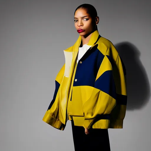 Image similar to realistic photoshooting for a new balenciaga lookbook color film photography portrait of a beautiful woman model wearing a workwear jacket, photo in style of tyler mitchell