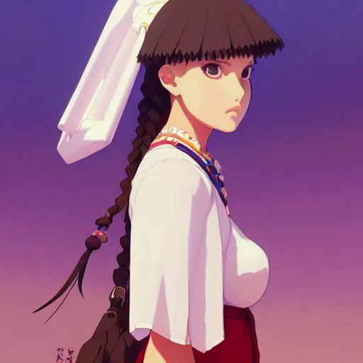 Image similar to a beautiful plus sized natalie portman model, brown skin, wearing catholic school girl outfit with mayan pattern and native style, jrpg aztec street fashion, gapmoe yandere grimdark, trending on pixiv fanbox, painted by greg rutkowski makoto shinkai takashi takeuchi studio ghibli, akihiko yoshida