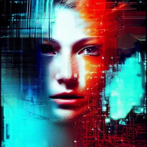 Image similar to hyperrealistic portrait of a mysterious cyberpunk woman with flowing hair, by Guy Denning, Johannes Itten, Russ Mills, glitch art, hacking effects, glitch effects, digital tech effects, cybernetics, detailed lines, holographic, chromatic, color blocking, digital painting, octane, concept art, abstract, red face, 8k, trending on cgsociety, trending on artstation