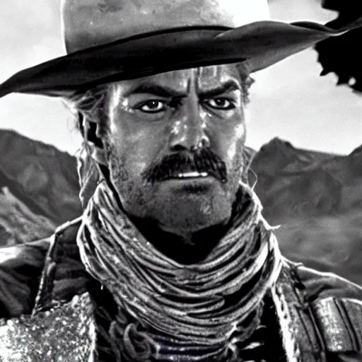 Image similar to a film still of Johnny Joestar from steel ball run in ''The Good, the Bad and the Ugly''(1966)