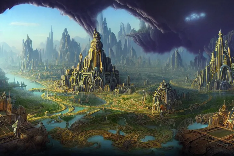 Prompt: an epic stunning complex insanely detailed matte painting of a magical mysterious undiscovered city with waterways and fanciful ships by Heironymous Bosch!!!!!!!, by James Gurney and Tyler Edlin and Jim Burns, sci-fi concept art