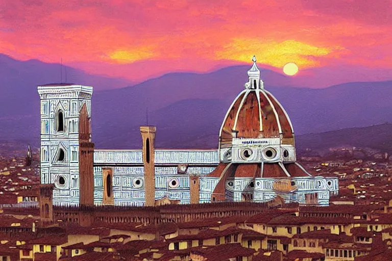 Prompt: florence santa maria del fiore at sunset by artgerm, greg rutkowski, trending on artsation, iamag digital painting, highly detailed, overdetailed, colorful