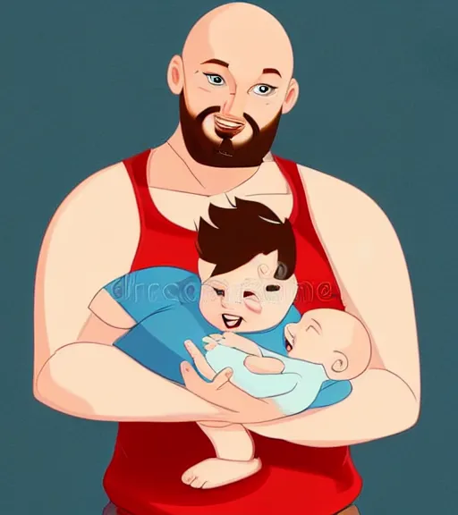 Image similar to a father with short red hair, a short red beard and blue eyes and a chubby face hold his infant baby boy with bald brown hair full color digital illustration in the style of don bluth, artgerm, artstation trending, 4 k