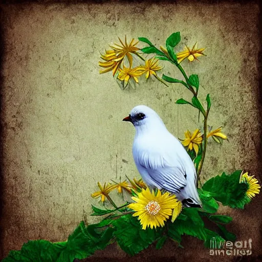 Image similar to white bird holding a flower cinematic composition, studio ghibli, digital art, cute