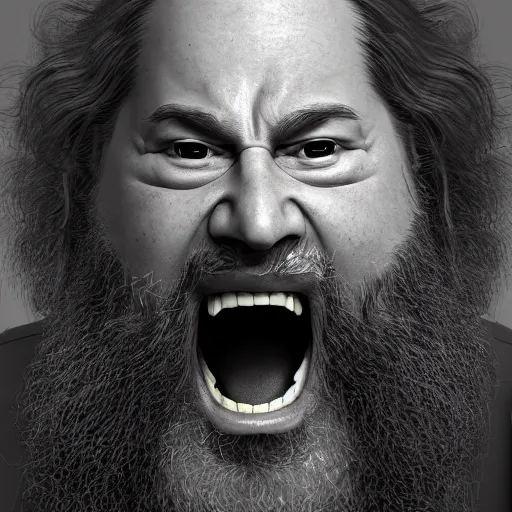 Image similar to richard stallman screaming, angry, furious, photograph, photorealistic, detailed, 8k HDR, trending on artstation,