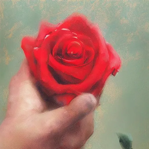 Image similar to hyperrealistic hand holding a red rose by ruan jia and greg rutkowski