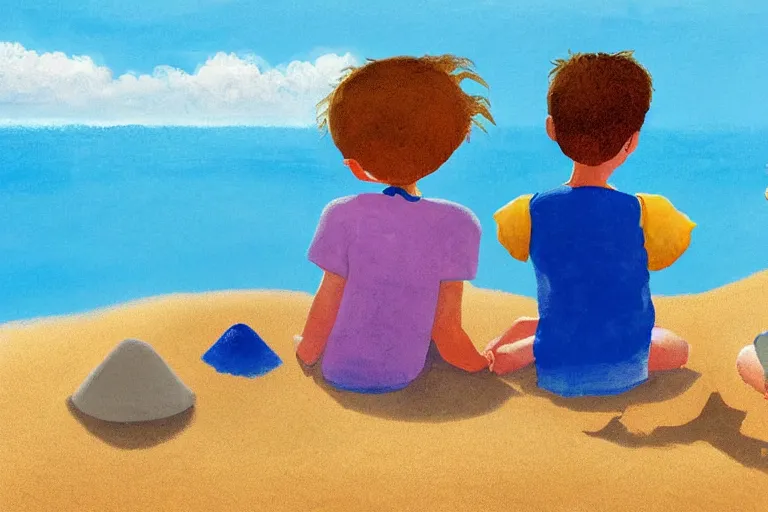 Image similar to Two happy children sitting on the beach making sandcastles, blue sky, HD, by Benji Davies