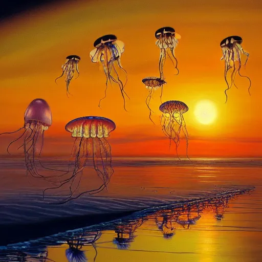 Image similar to a beautiful painting of a group of jellyfish fly in sunset by Angus Mckie, Trending on artstation