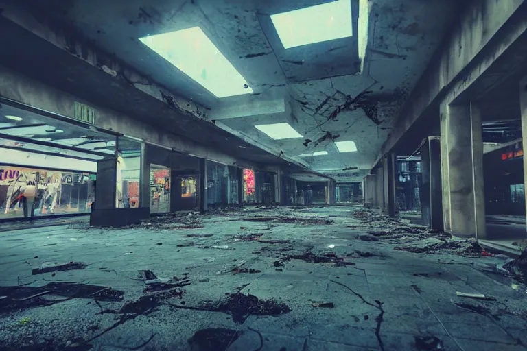 Prompt: low angle photo of a abandoned cyberpunk shopping mall, a crew of high tech soldiers are running out, dead human bodies on the floor, cinematic lightning, ray tracing, unreal engine, photorealistic, detailed, dark, moody, foggy, scary