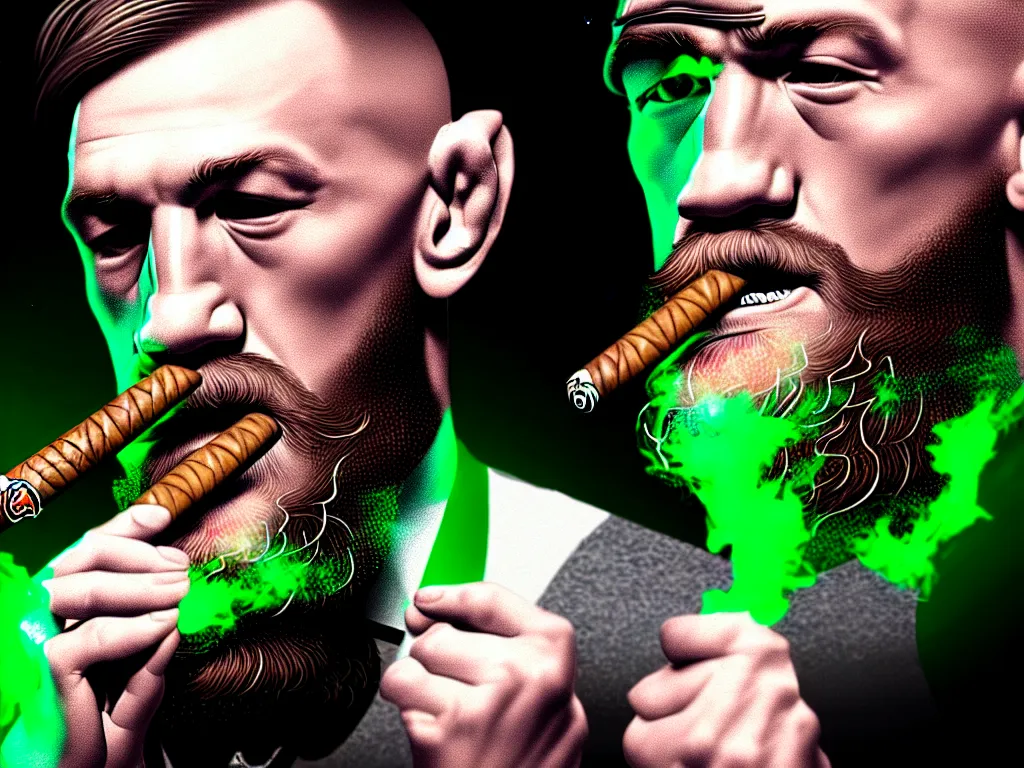 Image similar to a intricately detailed portrait of conor mcgregor smoking a cigar in an irish pub with a neon bar, trending on art station, in the style of the movie heat, volumetric lighting & shadows, hyper detailed, digital art, unreal engine, 4 0 0 mm f 1. 8,