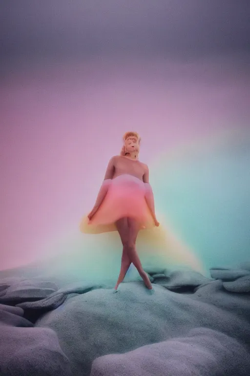 Image similar to high quality pastel coloured film close up wide angle photograph of a model wearing clothing swimming on cloud furniture in a icelandic black rock!! environment in a partially haze filled dreamstate world. three point light, rainbow. photographic production. art directed. pastel colours. volumetric clouds. pastel gradient overlay. waves glitch artefacts. extreme facial clarity. 8 k. filmic.