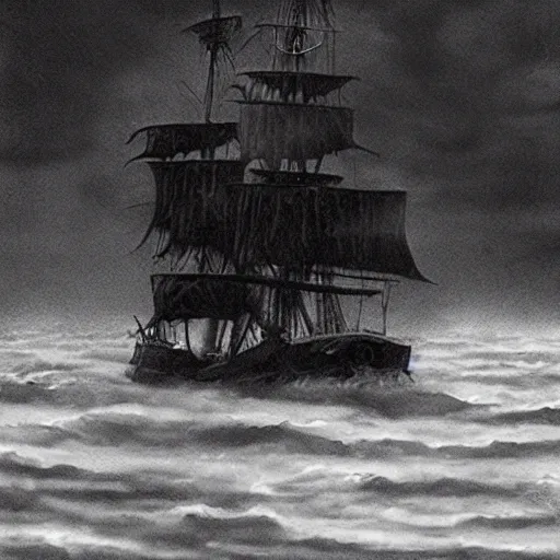 Prompt: jack sparrow on the black pearl looking out on an endless dark ocean with an ominous thunder cloud coming towards to the ship