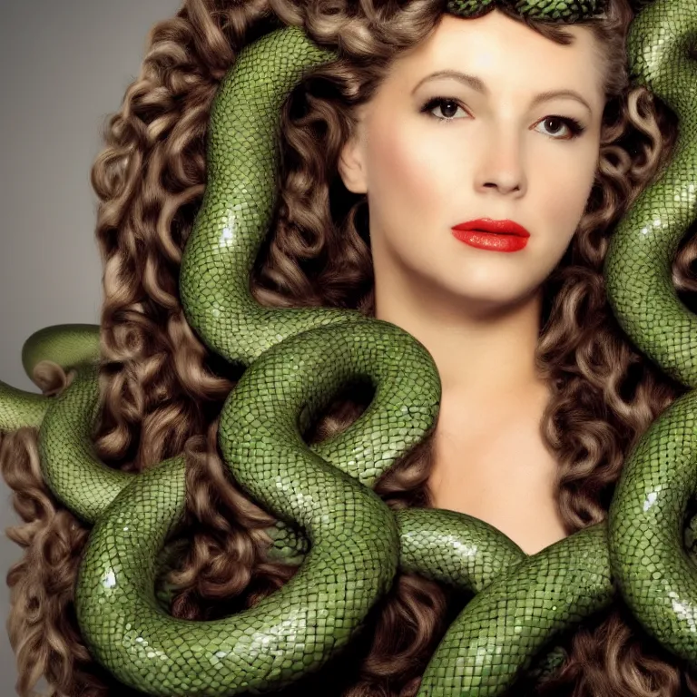 Image similar to Glamour Shots portrait photo of Medusa with snakes for hair in real life