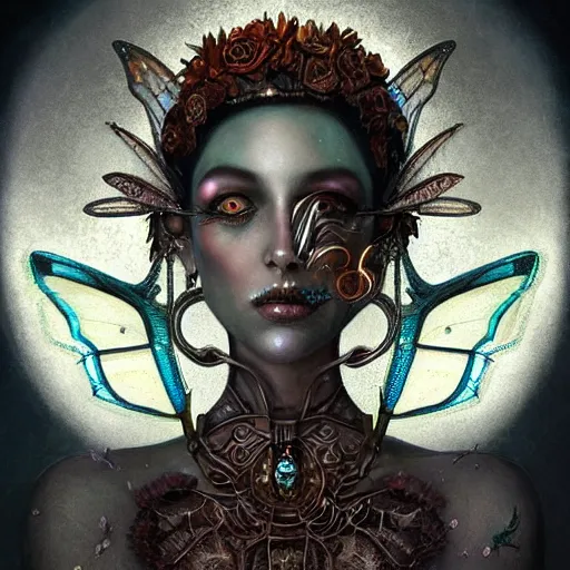 Prompt: realistic illustration of a beautiful rusted mechanical faerie queen with glowing eyes, moth wings with geometric patterns, reflective detailed textures, highly detailed dark fantasy science fiction painting by tom bagshaw and diego rivera, silver and cool colors, artstation