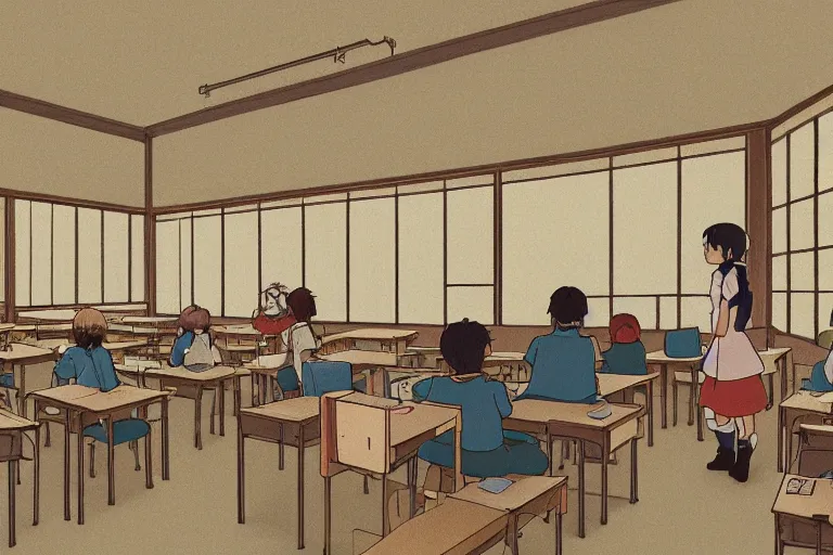 Prompt: illustration of a wide shot of a japanese classroom in the style of studio ghibli, moebius, makoto shinkai, kyoto animation