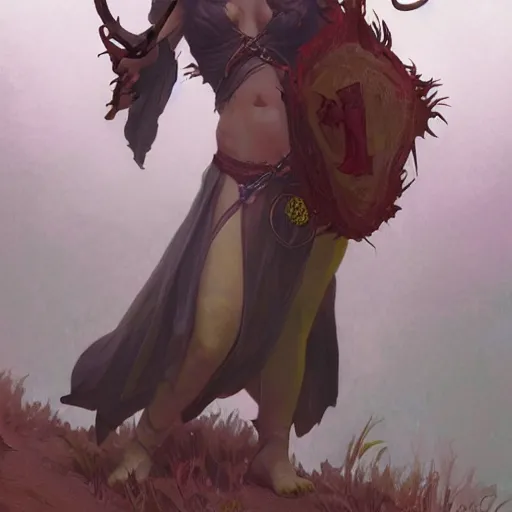 Image similar to cute Whimsical Tiefling Druid with devil tail D&D, fantasy, full body portrait, highly detailed, digital painting, artstation, concept art, sharp focus, illustration, art by greg rutkowski and alphonse mucha