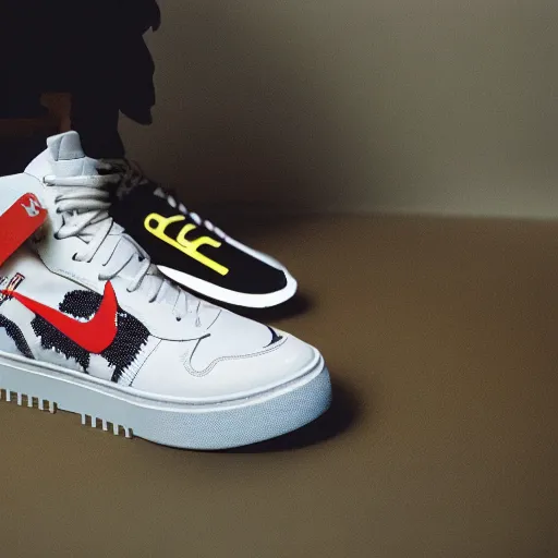 Image similar to a studio photoshoot of a nike sneaker x travis scotts collab by virgil abloh, off - white, realistic, color film photography by tyler mitchell, 3 5 mm, graflex