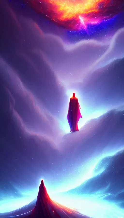 Image similar to celestial god with a cape, epic scene, colors, holy, full body, galaxy, and, stars, atmosphere, unreal engine, pixar, video game, ethereal, insanely, detailed, volumetric, symmetrical, concept art, charlie bowater, unreal engine, artstation, cinematic, video game, digital painting, artist maena