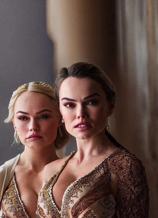 Image similar to portrait of lindsey pelas and daisy ridley wearing kebaya, by charlotte grimm, natural light, detailed face, beautiful features, symmetrical, canon eos c 3 0 0, ƒ 1. 8, 3 5 mm, 8 k, medium - format print,