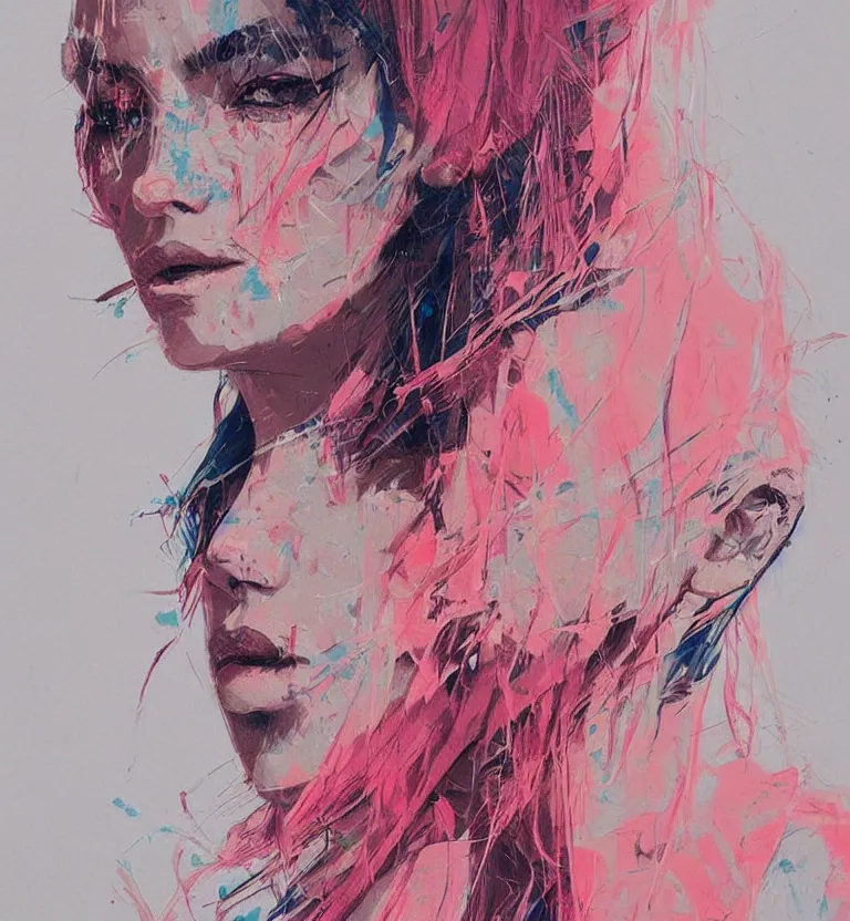 Image similar to close up portrait painting of a female dressed in nineties street styling, concept art, intricate details, highly detailed, aesthetically pleasing pastel colors, art by conrad roset