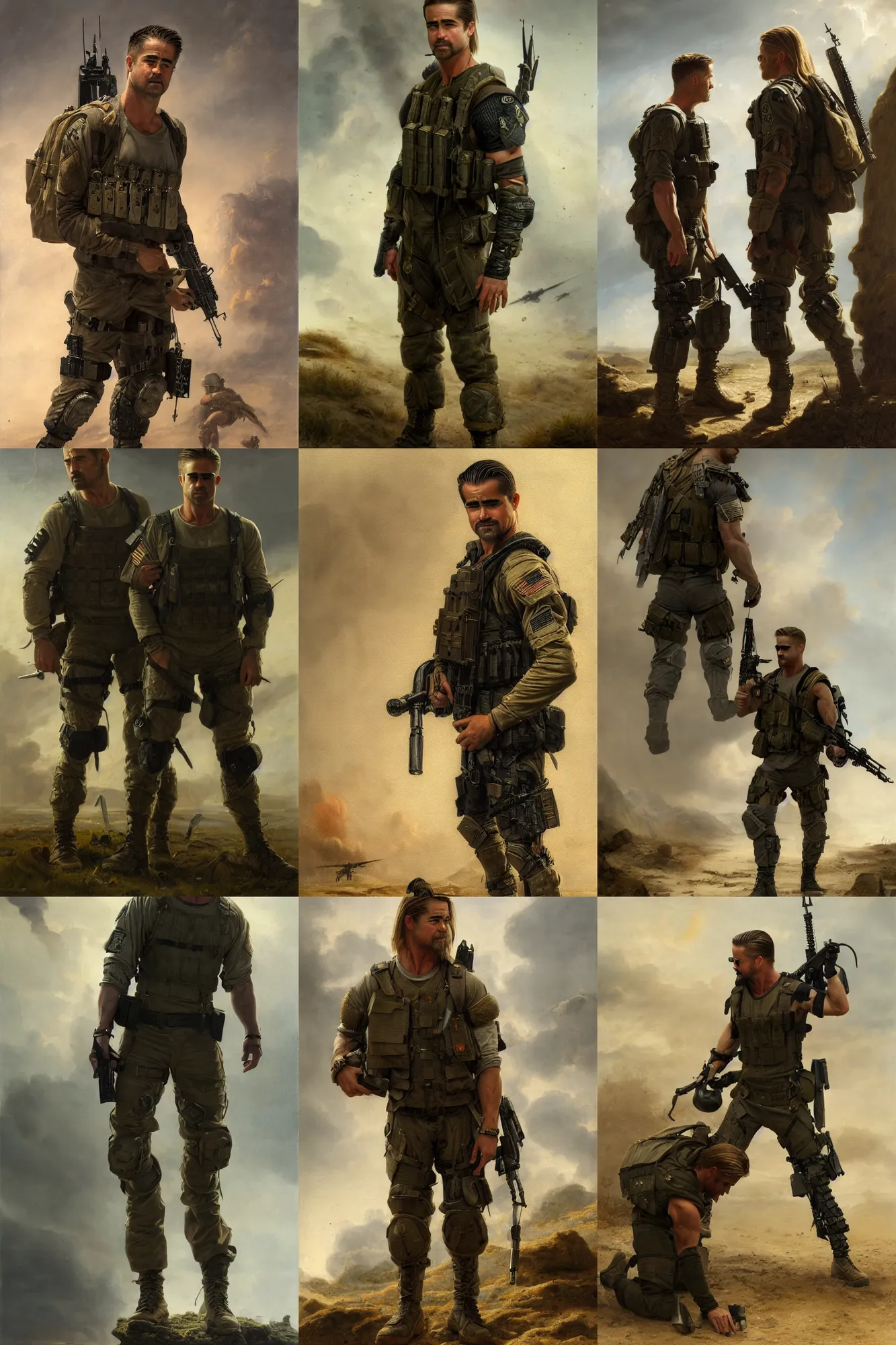 Prompt: a special operations member that looks like colin farrell and brad pitt, in battle, covert military pants, military boots, greek mythology, oil reinassance painting by cornelis van poelenburgh and dosso dossi, ultra detailed, concept art, 8 k what