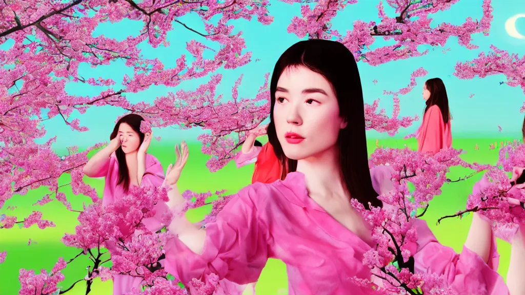 Image similar to close - up of a young pretty woman in a small group of people, a flower viewing picnic sakura, japan, a collage painting, in the style of wes anderson, lola dupre, david hockney, isolated on negative white space background dark monochrome neon fluorescent spraypaint accents volumetric octane render