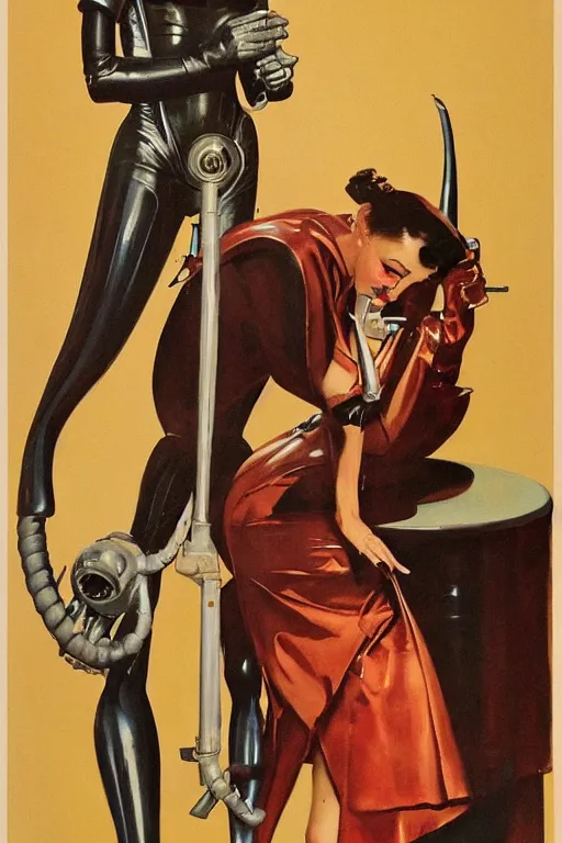 Image similar to 5 0 s pulp scifi fantasy illustration full body portrait elegant woman wearing latex spacesuit standing beside monster, by norman rockwell, edd cartier, roberto ferri, tom lovell, frank r paul, dean cornwell, astounding stories, amazing, fantasy, other worlds