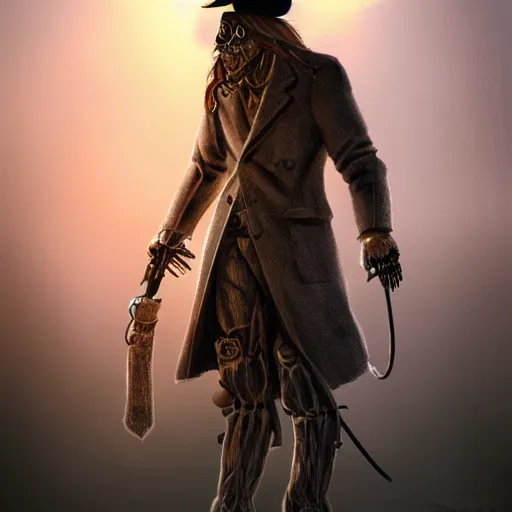 Image similar to a wounded skeleton cowboy in a long coat watching a sunset, concept art, DeviantArt, art station, illustration, highly detailed, artwork, cinematic, hyper realistic