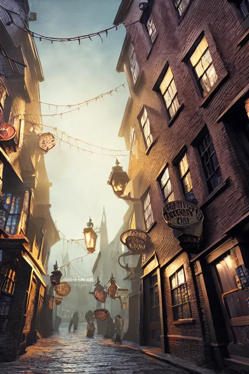 Image similar to a beautiful woodcut print of diagon alley, 8 k, frostbite 3 engine, cryengine, dof, trending on artstation, digital art, crepuscular ray, art by fossi _ images and tugboat printshop