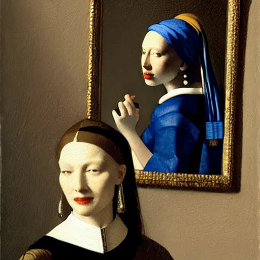 Image similar to cate blanchett in low-cut blouse in front of a mirror, painting by Vermeer