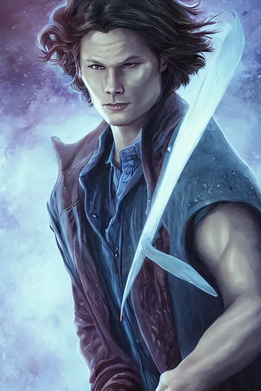 Prompt: sam winchester as a mage in the cover of an acotar book. d & d!, fantasy style, sharp focus!, ultra detailed, art by artgerm, wlop, ilya kuvshinov