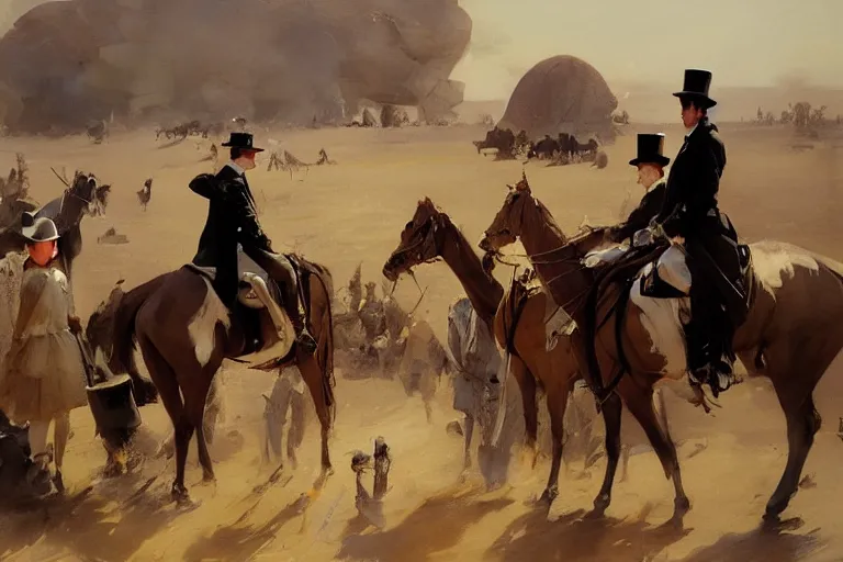 Image similar to portrait of a respectable dignified royal business elite politicians in top hats and coat tails riding on emus in the sahara desert throwing vanilla icecream cones at each other, art by anders zorn, wonderful masterpiece by greg rutkowski, beautiful cinematic light, american romanticism by greg manchess, jessica rossier