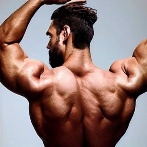 Prompt: fine back muscles, handsome, sculpted, symmetrical, shoulders focus