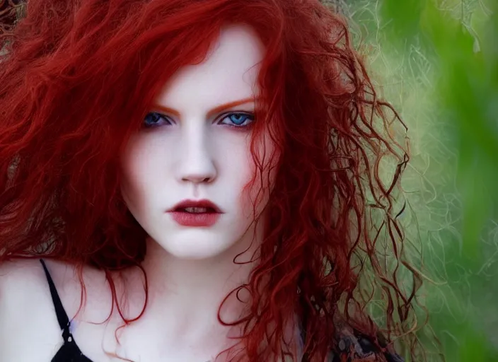 Image similar to award winning 3 5 mm close up face portrait photo of a redhead with blood - red wavy hair and precise intricate irises in a park by luis royo