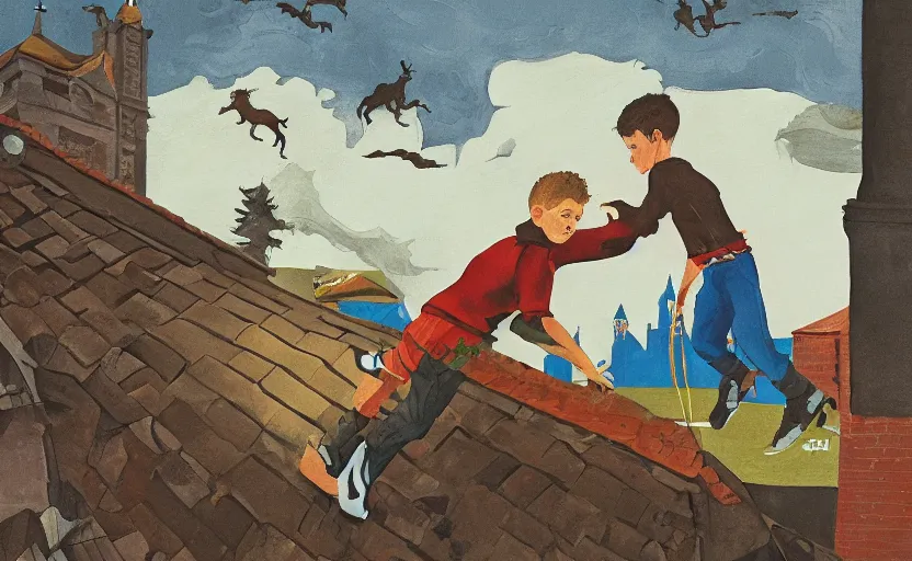 Prompt: a boy fighting a wolf on the edge of a clocktower, gouache, print