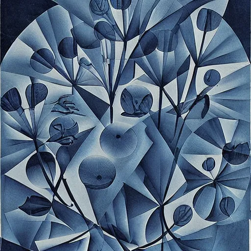 Image similar to A collage. A rip in spacetime. Did this device in his hand open a portal to another dimension or reality?! botanical illustration, dark blue by Lyubov Popova decorative