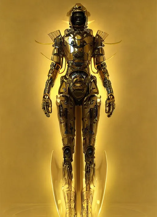 Image similar to portrait of a futuristic geisha cyborg with golden body armor, modern fine art, fractal, intricate, elegant, highly detailed, digital photography, subsurface scattering, by jheronimus bosch and greg rutkowski,