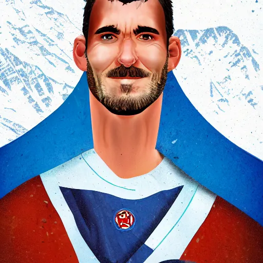 Prompt: 35 year old hero with a scar on his face, a blue cape, standing atop a mountain in the Rockies, digital art, portrait, mid-shot