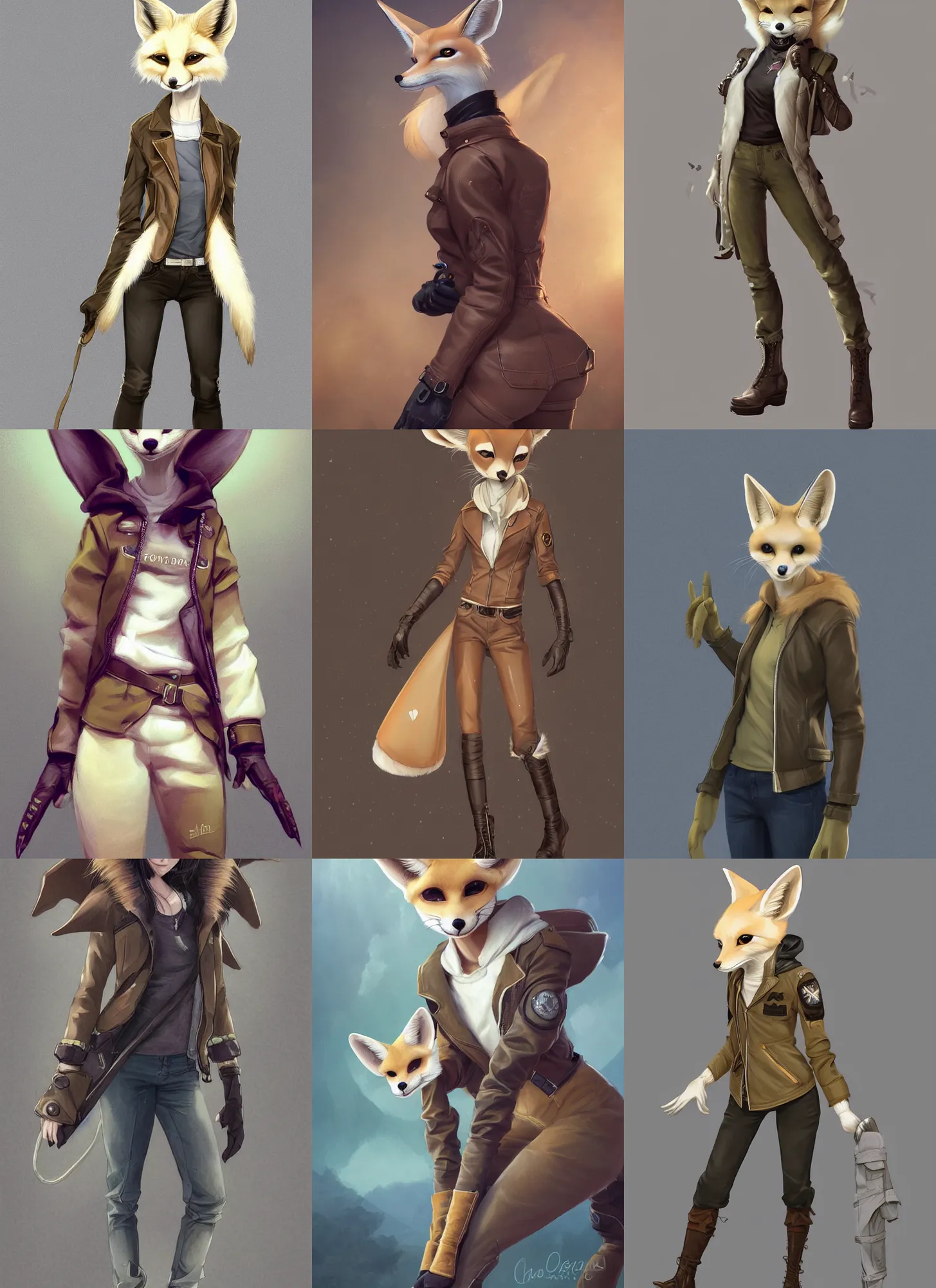 Prompt: beautiful portrait of a female anthropomorphic fennec fox fursona wearing a leather jacket. leather gloves. leather boots. khaki cargo pants. character design by charlie bowater, ross tran, artgerm, and makoto shinkai, detailed, soft lighting, rendered in octane