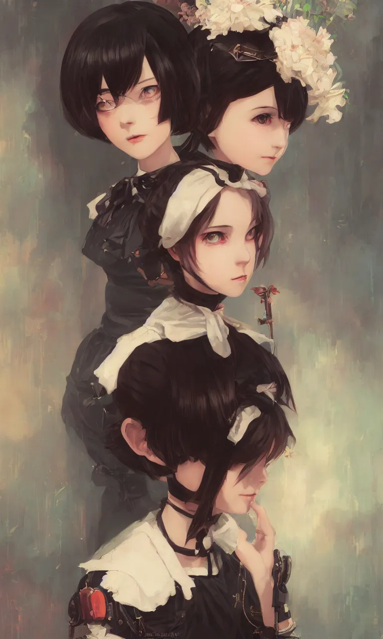 Image similar to a portrait of a cute young Victorian maid with black bob cut hair, steampunk setting, vivid colors, soft lighting, atmospheric, cinematic, moody, in the style of Ilya Kuvshinov and Range Murata, Krenz Cushart, oil on canvas, 8k