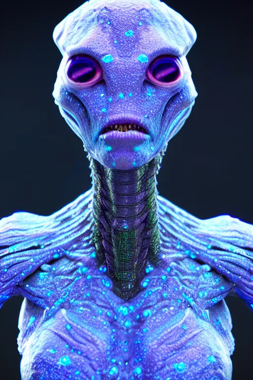 Image similar to skin concept alien, in full growth, mineral crystals instead of skin, magical crystals, smoky crystals, translucent crystals, luminous sparkling crystals, many details, 3 d, cinematic, hyper realism, high detail, octane render