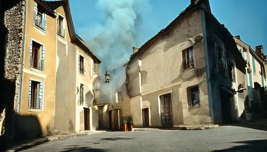 Image similar to 1 9 6 0 s movie still of a burning french style townhouse in a small french village, cinestill 8 0 0 t 3 5 mm technicolor, high quality, heavy grain, high detail, texture, dramatic light, ultra wide lens, panoramic anamorphic, hyperrealistic