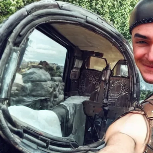 Image similar to a roman soldier taking a selfie inside of a car.