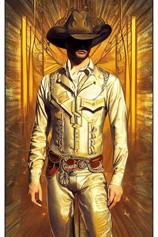 Prompt: a dramatic ethereal epic symmetrical painting of a handsome! cowboy in a silvery golden outfit | tarot card, art deco, art nouveau, (steampunk), homoerotic, realistic | by Dresden Codak, by Mark Maggiori and ((((Alphonse Mucha))) | trending on artstation