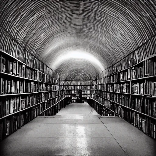 Image similar to “lost in a vast winding and overlapping labyrinth that is Powell’s City of Books. High arches platforms and catwalks are sunlit in this Creepy liminal photo. Hyperrealistic, benchmark resolution photo”